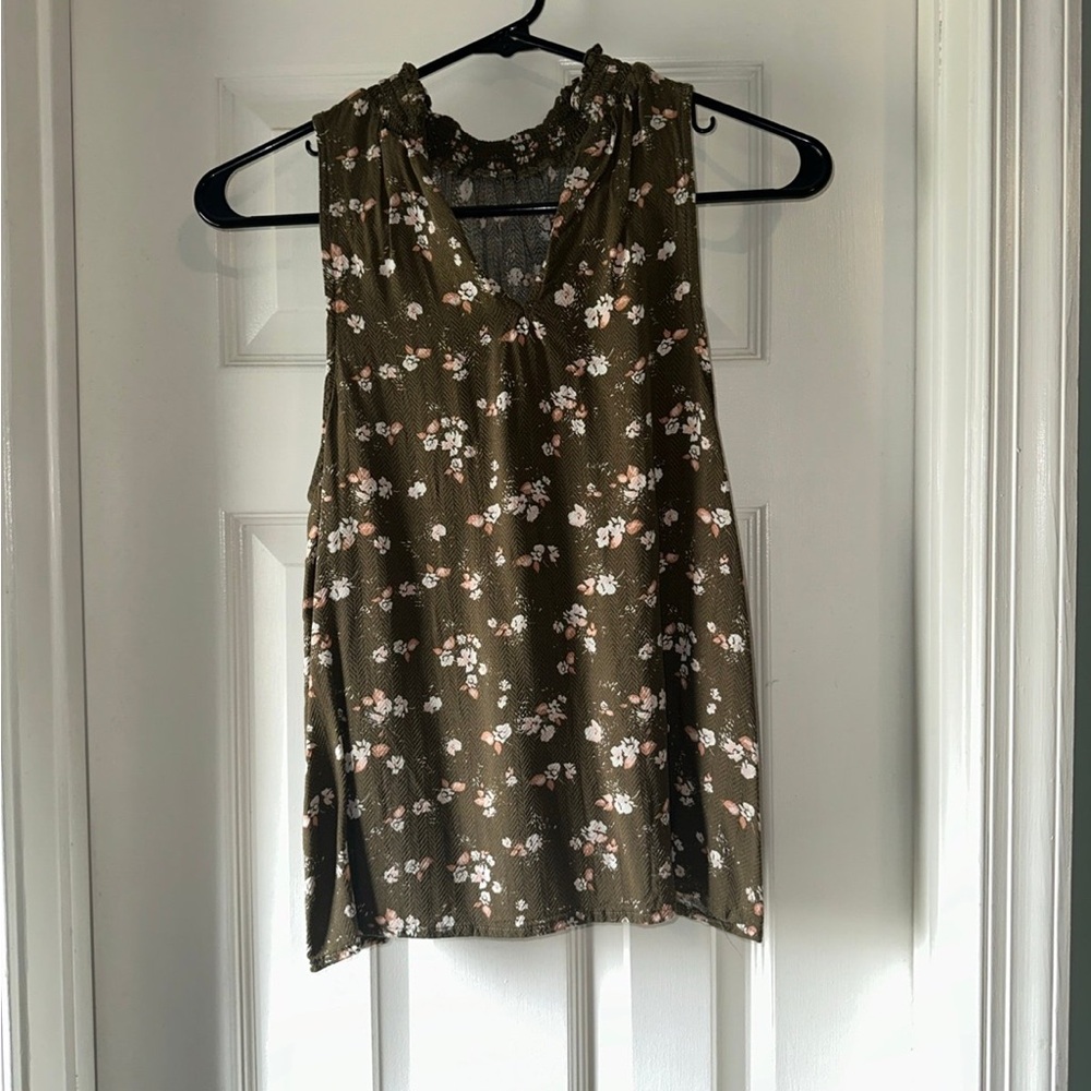 Floral Sleeveless Top - Olive Green
